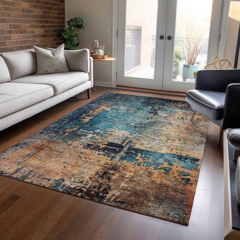 Machine Washable Indoor/ Outdoor Abstract Contemporary Chantille Rug - Teal - 9' x 12'
