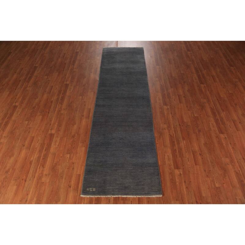 Blue & Gray Modern Gabbeh Runner Rug Handmade Wool Carpet - 2'10" x 9'7"