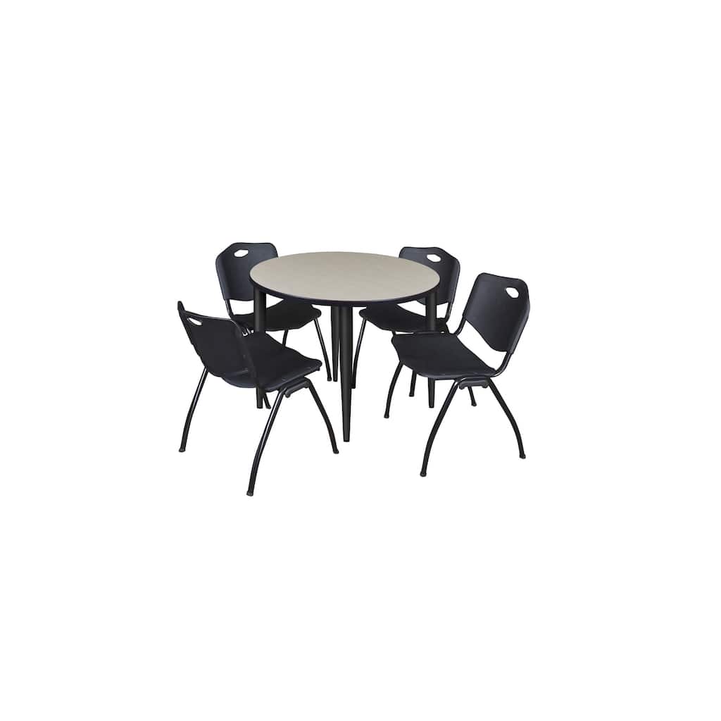 36 in. Round Breakroom Table- Maple Top, Black Base & 4 M Stack Chairs- Black