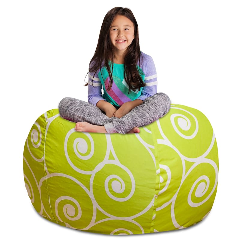 Kids' Stuffed Animal Storage Bean Bag Chair Cover or Toy Organizer - 48 Inches Extra Large - Pattern Swirls Lime and White