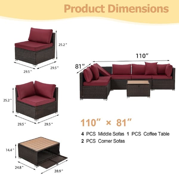 dimension image slide 3 of 9, EROMMY 6/7 Piece Modular Outdoor Rattan Sofa Set, All-Weather Wicker Patio Furniture with Storage Table, Cushions & Pillows