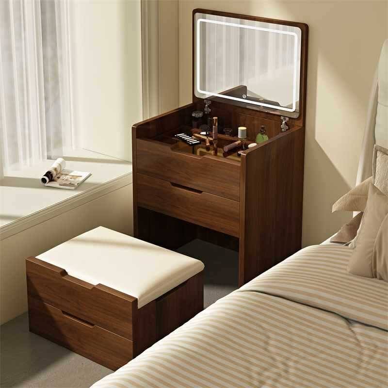3 in 1 Vanity Desk with Plip Top Mirror,Small Make Up Vanity Set with Visible Glass Desktop, Compact Dressing Table