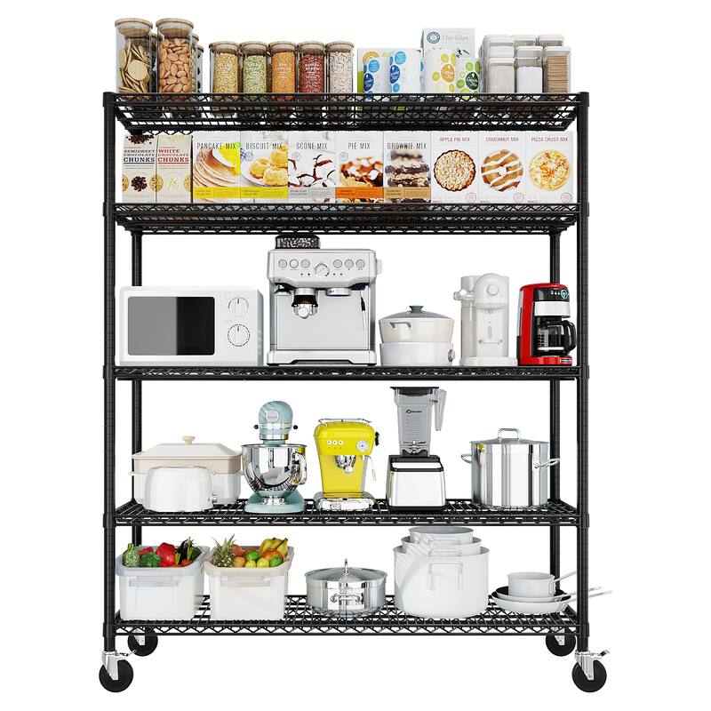 Black Adjustable 5-Layer Steel Wire Storage Shelf with Lockable Caster Wheels for Garage and Home