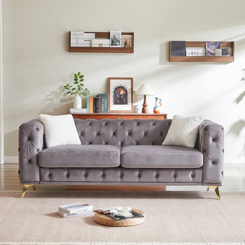82.5-Inch Deluxe Velvet Sofa With Chesterfield Tufted Buttons With 2 Pillows And Metal Feet - Grey