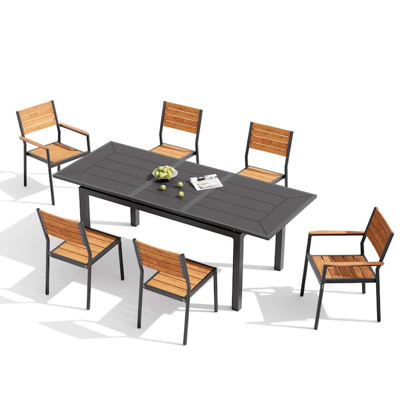 7PC Pellebant Outdoor Patio Aluminum Expandable Dining Set Table WPC Top with Stackable Chairs - N/A