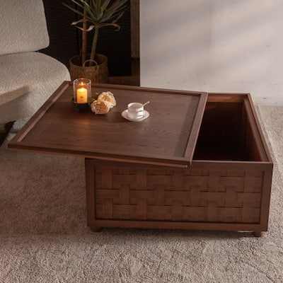 Farmhouse Coffee Table with Storage, Large Square Coffee Table for Living Room