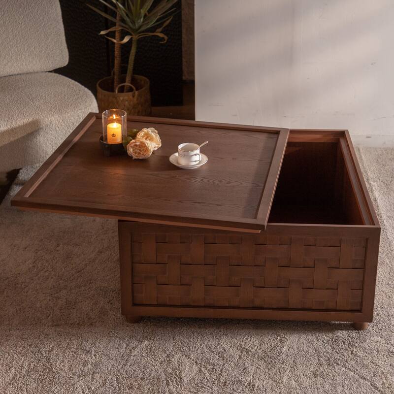 Modern Coffee Table Farmhouse Coffee Table Large Square Coffee Table with Storage, for Living Room, Brown
