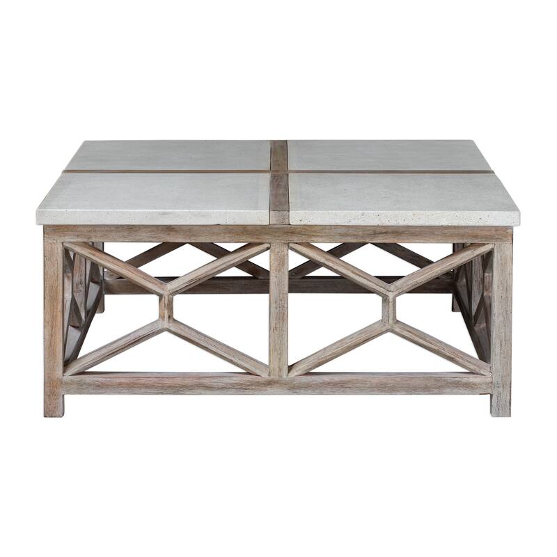 40" Catali Mixed Natural Wood Coffee Table Ivory Limestone Top