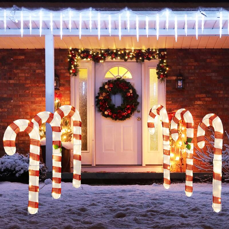 Gymax Lighted Candy Canes Set of 3 Christmas Tinsel Candy Cane - Multi-colors - See Details