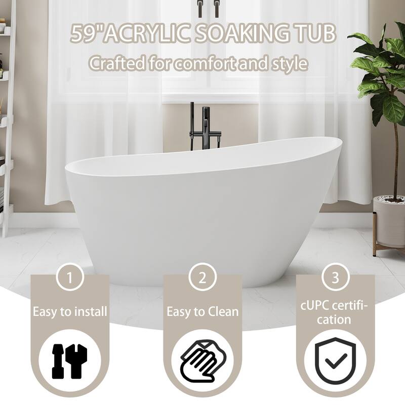 59.06 in. x 29.53 in. Acrylic Freestanding Soaking Bathtub in Gloss white