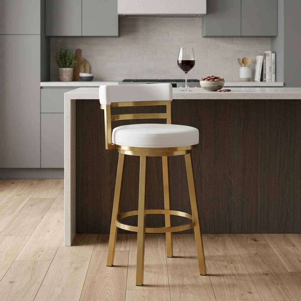 HomeRoots 26" White And Gold Faux Leather And Steel Low Back Counter Height Swivel Bar Chair