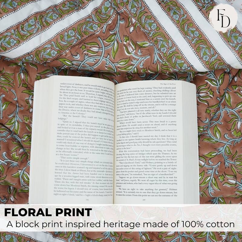 Elegant Hand Block Print Cotton Quilt Kamal Dutta Brown Green, Luxury Artisan Bedding, Reversible Decorative Bedspread for Décor