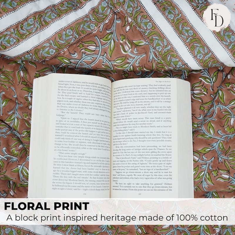 Fabdivine Artisan Handmade 100% Cotton Quilt - Brown Green Floral Block Print, Reversible Bohemian Bedding for Home