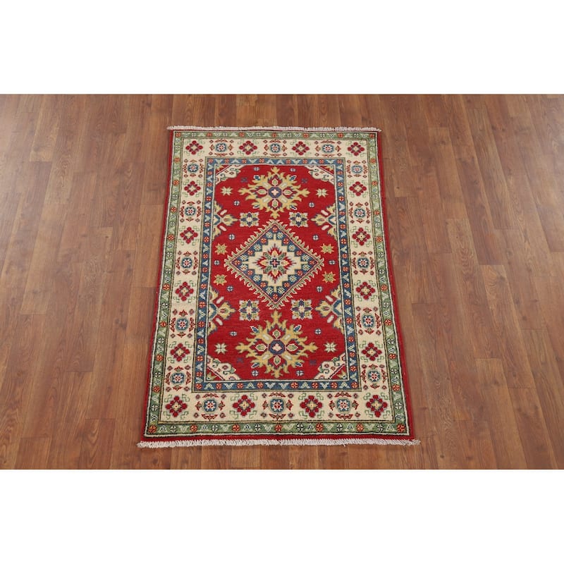 Red Geometric Kazak Foyer Rug Handmade Traditional Wool Carpet - 2'10" x 4'1"