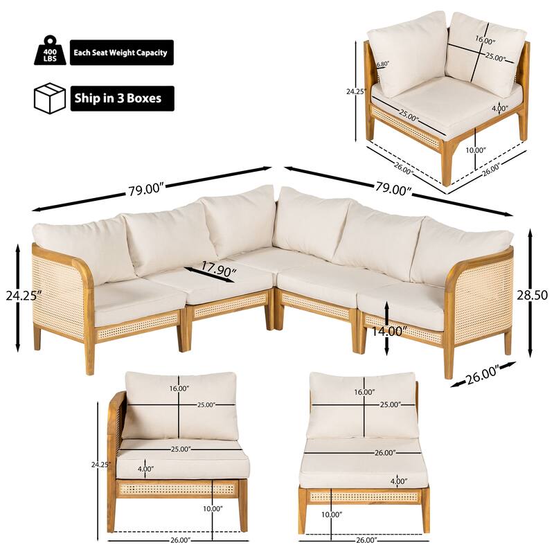 Roomfitters Kirkby Outdoor 5 Seater V-Shaped Acacia Wood Sectional Sofa with Wicker Accents, Teak Finish and Beige Cushions