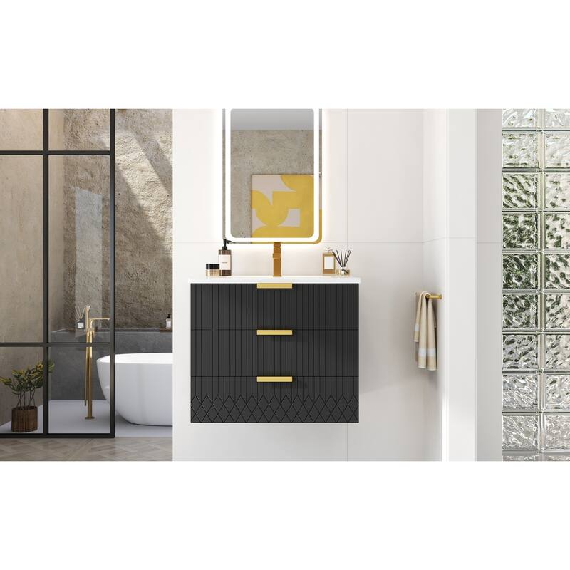 24'' Wall Mounted Bathroom Vanity with Ceramic Sink, Floating Bathroom Cabinet with 2 Drawers, Small Bathroom Storage Cabinet