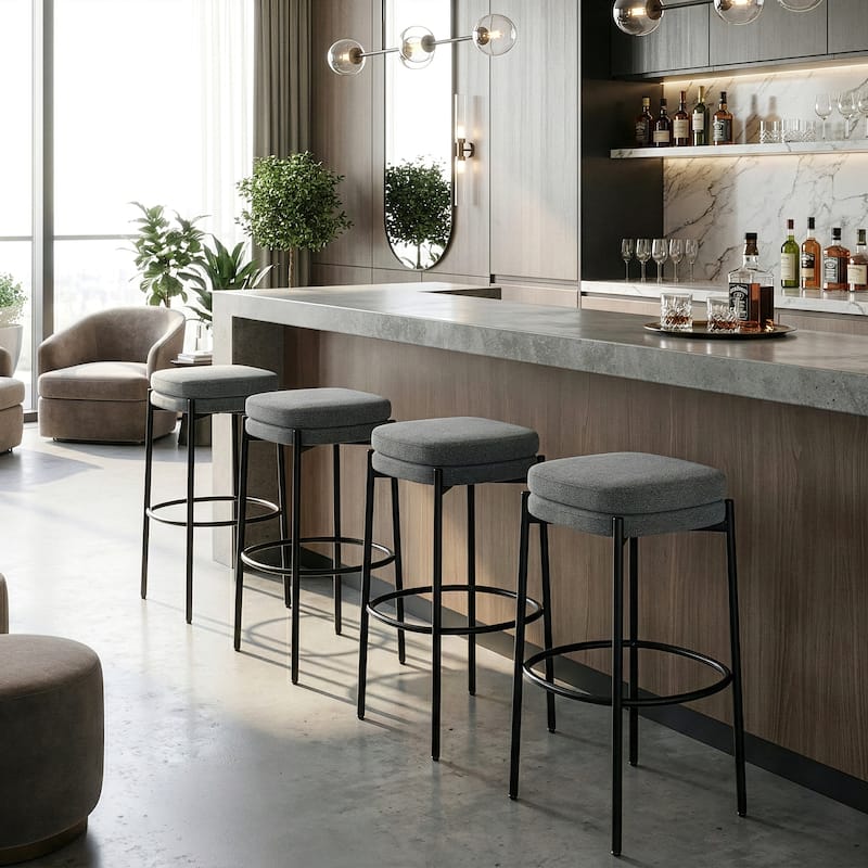 Set of 2 Avril Gray Boucle Backless Bar Stool with Black Metal Legs