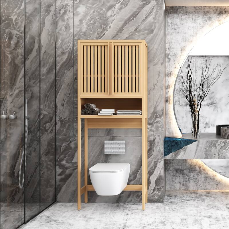 Over the Toilet Storage, 65" Tall Natural Bamboo Bathroom Shelf Organizer with 2 Door