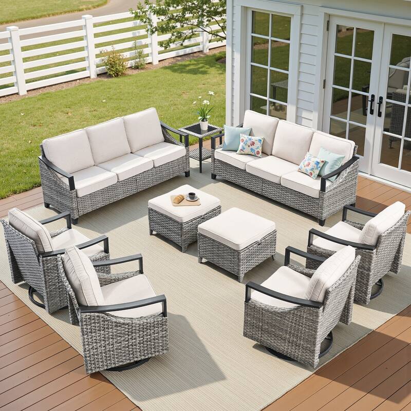 Pocassy 9-Piece Patio Sofa Swivel Chairs Table with Ottoman - Gray Wicker Beige Cushion - 9-Piece Sofa Swivel Chair Table with Ottoman
