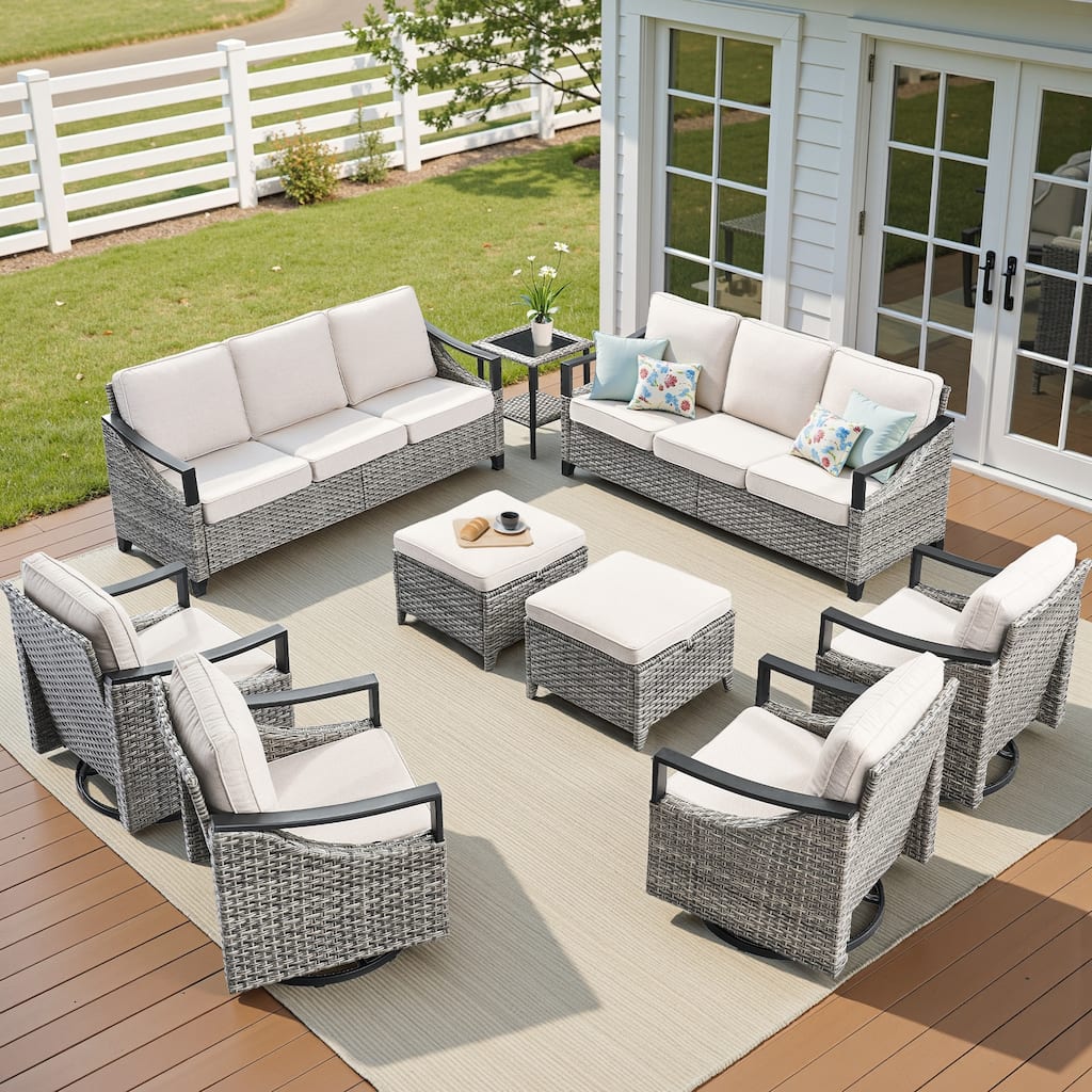 Pocassy 9-Piece Patio Sofa Swivel Chairs Table with Ottoman