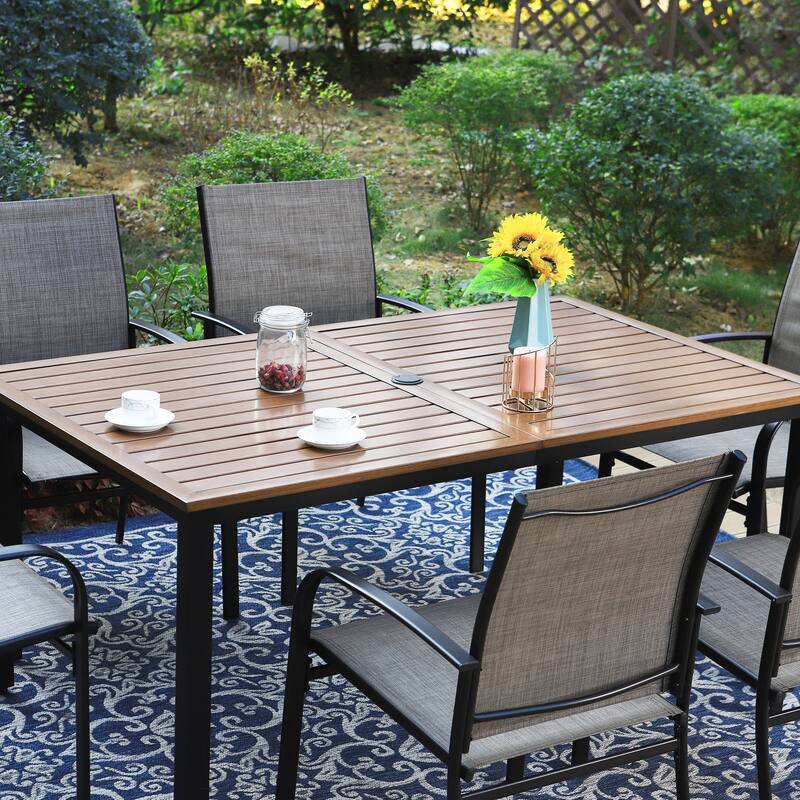 MAISON ARTS Outdoor Patio Dining Set 7 Piece Furniture Set with 6 Textilene Chairs and Metal Rectangular Brown Dining Table