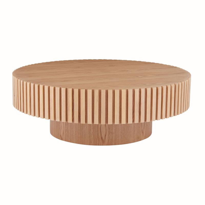 35.43'' Round Wood Coffee Table Drum Side Table, Natural Ash Sofa Table Center Table End Table for Living Room