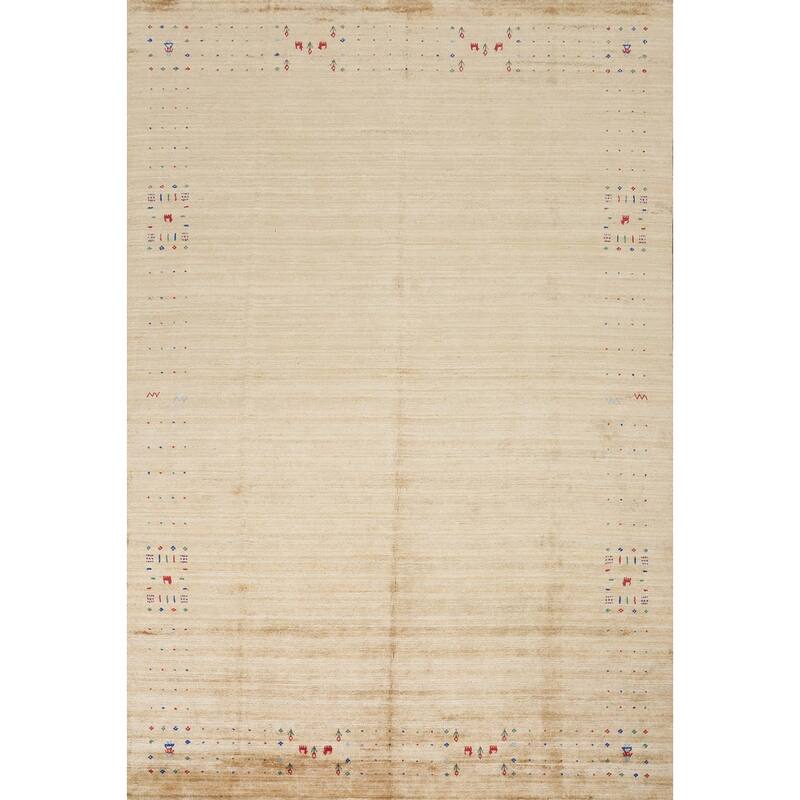 Hand Knotted Oriental Viscose Silk Carpet Tribal Animal Pictorial Yellow & Gold Gabbeh Area Rug - 11' 11'' X 8' 11''