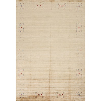 Hand Knotted Oriental Viscose Silk Carpet Tribal Animal Pictorial Yellow & Gold Gabbeh Area Rug - 11' 11'' X 8' 11''