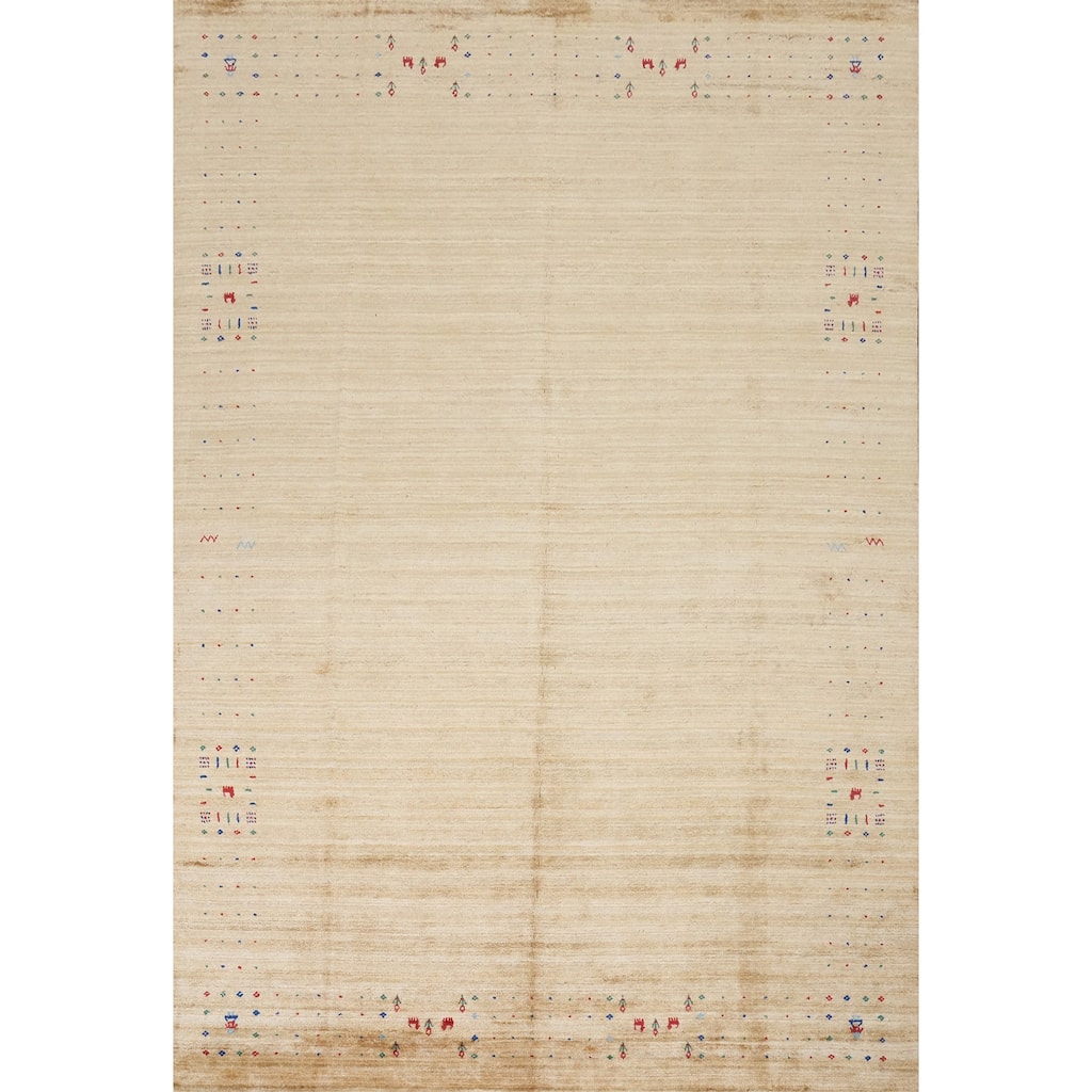 Hand Knotted Oriental Viscose Silk Carpet Tribal Animal Pictorial Yellow & Gold Gabbeh Area Rug - 11' 11'' X 8' 11''
