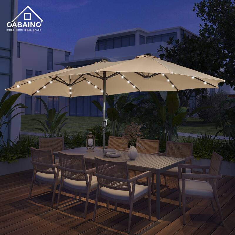 15-ft. Rectangular Crank Double-sided Outdoor Market Umbrella Solar LED Lighted Patio Umbrella with Base Included