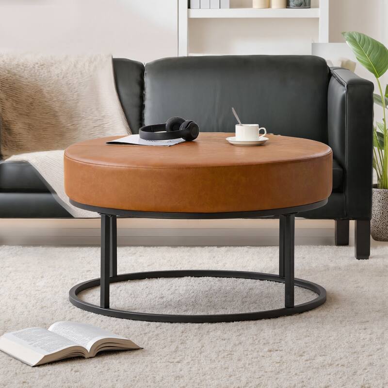Faux Leather Round Ottoman for Living Room with Metal Legs