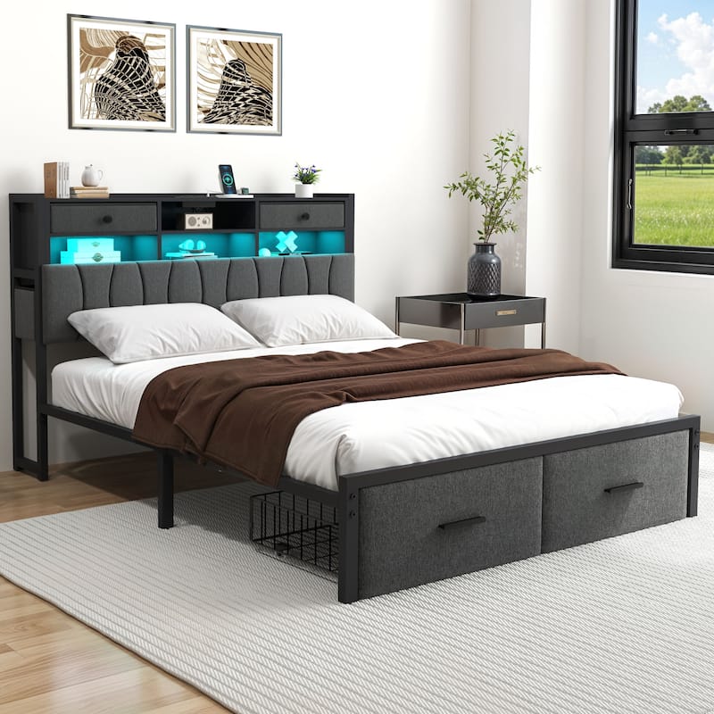 Linen Upholstered Platform Bed with Hidden Headboard Storage Charging Station and 2 Drawers