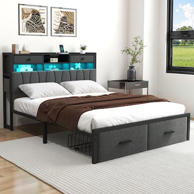 Linen Upholstered Platform Bed with Hidden Headboard Storage Charging Station and 2 Drawers