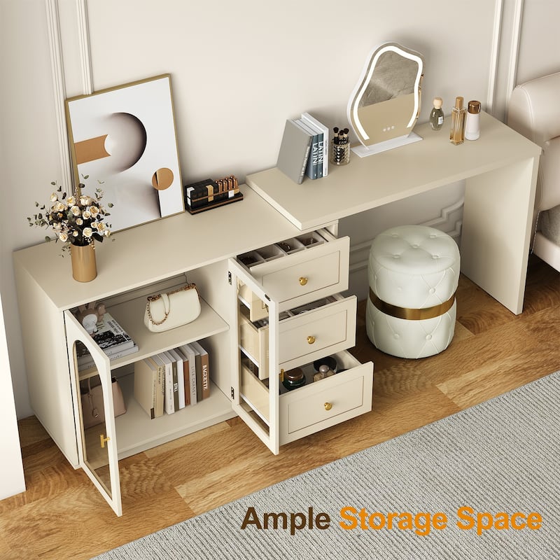 Extendable Makeup Vanity Desk with 3 Drawers & 2 Doors