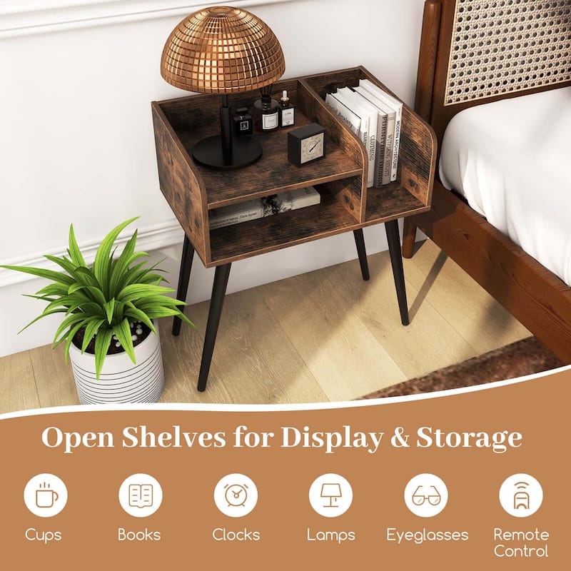 Costway Mid Century Modern End Table with Open Shelves Metal Support - See Details