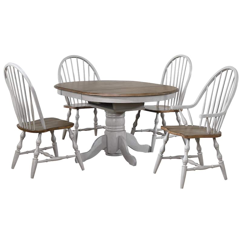 Extendable Dining Table Set - 42" to 60" Round/Oval, 2 Chairs, Gray/Brown Wood