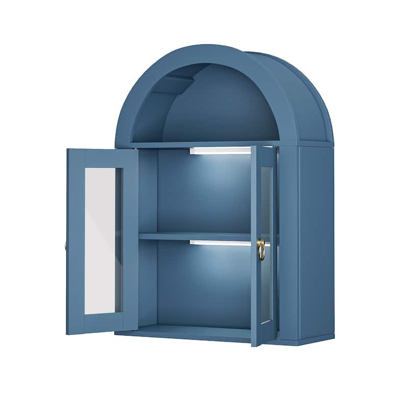 Wall Mounted Arched Cabinet with Glass Doors, Light and Adjustable Shelves for Laundry Room, Bathroom, Kitchen