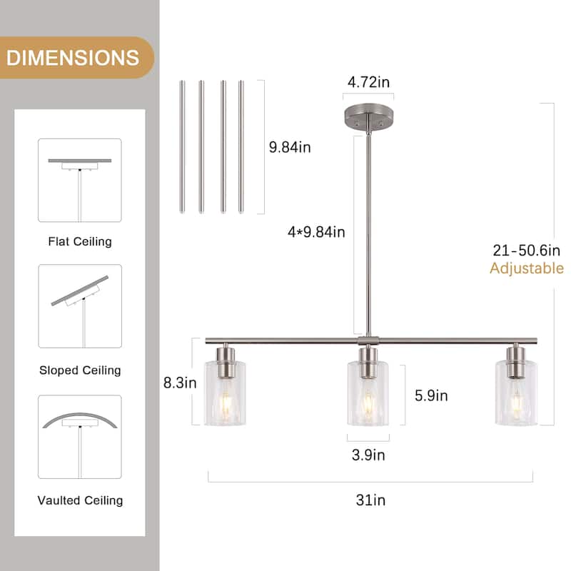 Modern Linear Ceiling Hanging Light 3-Lights Industrial Pendant Light with Adjustable Height for Living Room, Foyer - N/A