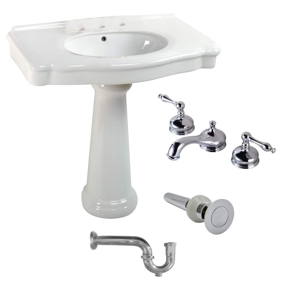 White Pedestal Sink with 8 Widespread Faucet, Overflow and P-Trap Renovators Supply