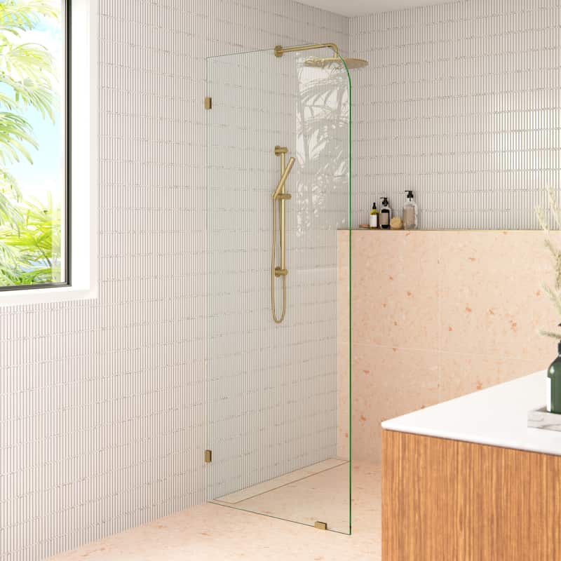 Glass Warehouse 30" x 78" Frameless Shower Door - Single Fixed Panel Radius - Satin Brass