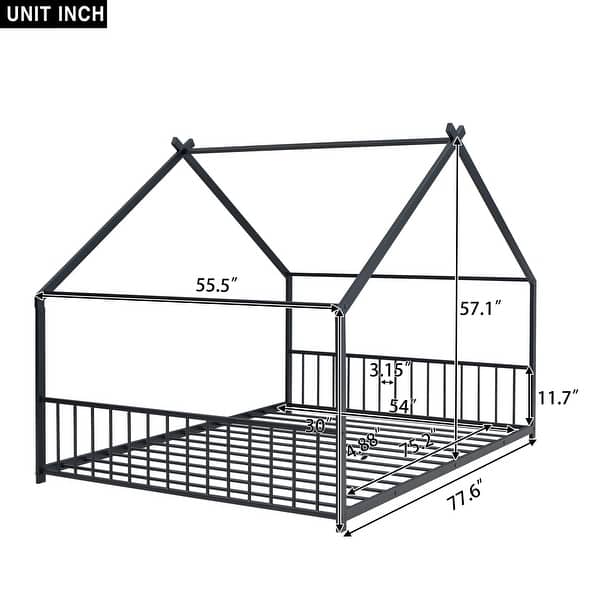 Black Full Size Metal House Bed with Fence & Back