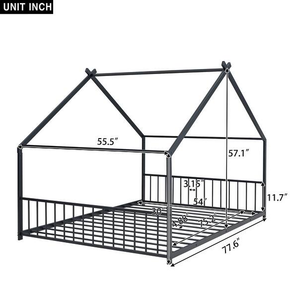 Black Full Size Semi-enclosed Metal Playhouse Bed with House Roof