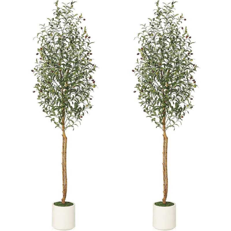 2 Pack Artificial Faux Olive Tree with White Planter for Home Office Decor - 7ft
