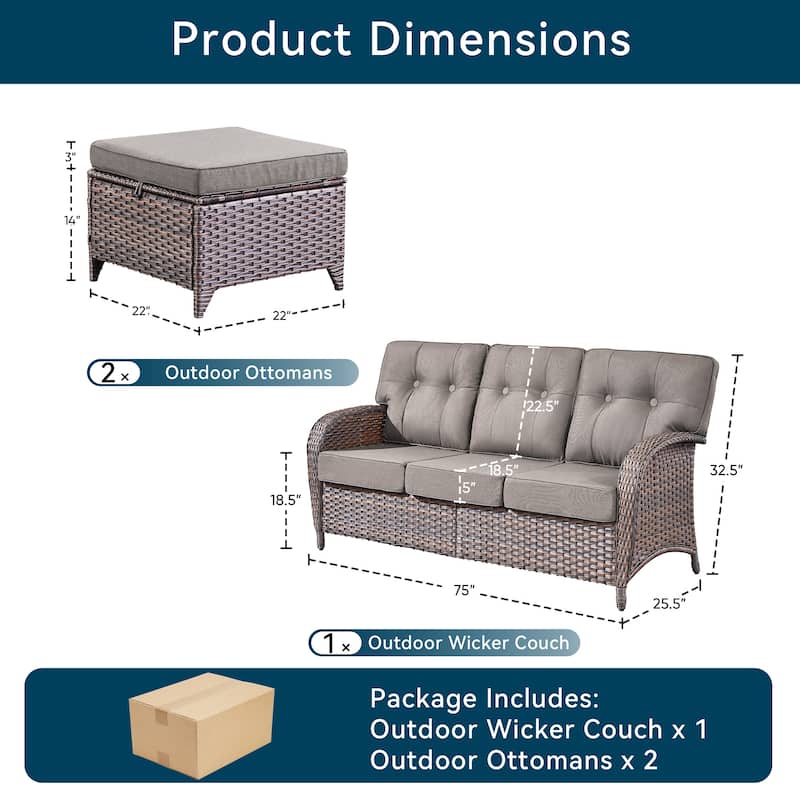 3 Pieces Pocassy 3-Seat Sofa with Ottomans