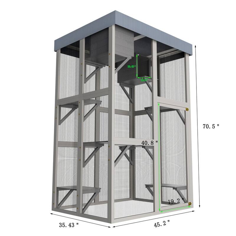 70.5"H Wood Catio Outdoor Cat Enclosure, Cat House Large Solid Wood Cage Playpen with 2 Napping Houses, Movable Tarp Cover