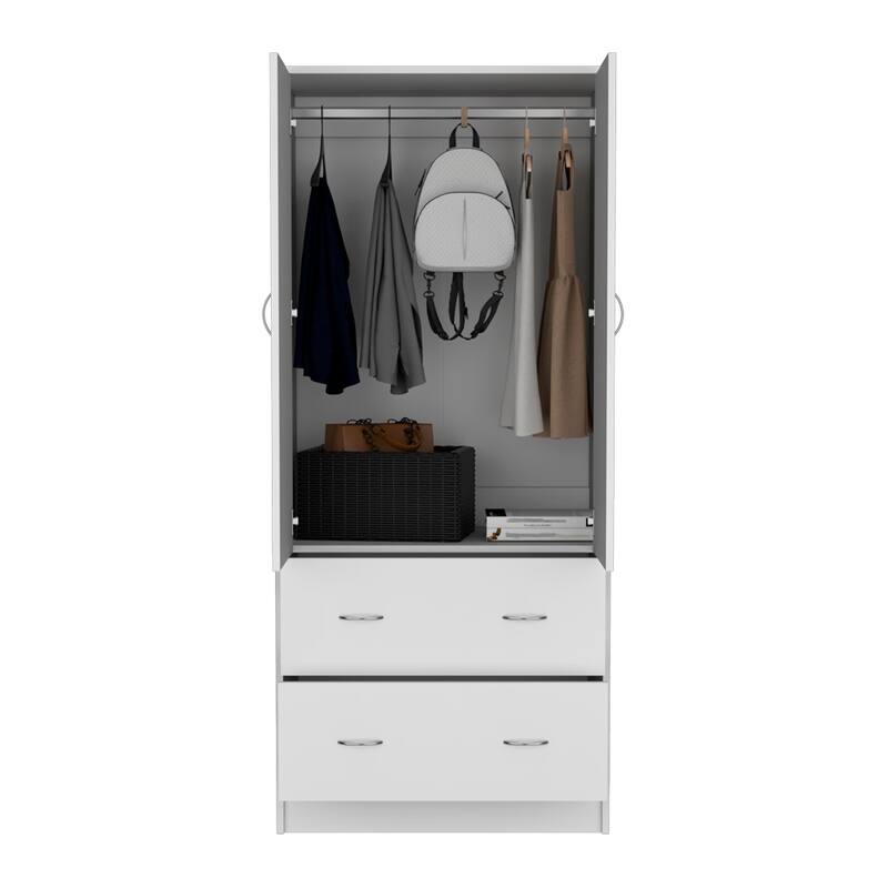 19" Modern Double-door Armoire with Hanging Rod and Two Storage Drawers for Bedroom