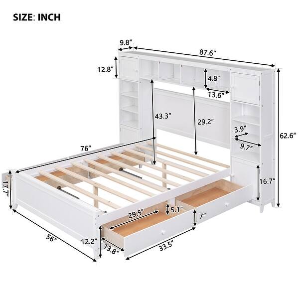 dimension image slide 1 of 3, Full Size Platform Bed with Storage, Wooden Bedframe w/All-in-One Storage Cabinet & 4 Drawers Underneath for Kids/Teens/Adults