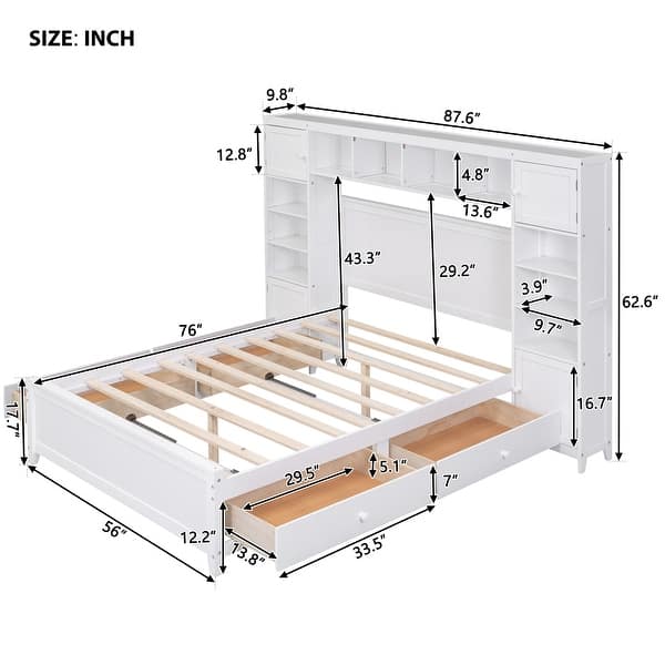 dimension image slide 10 of 12, Wood Platform Bed with All-in-One Cabinet and Shelf, Slat Support Bed Frame, Storage Headboard with 10 Shelf Cubes & 4 Cabinets