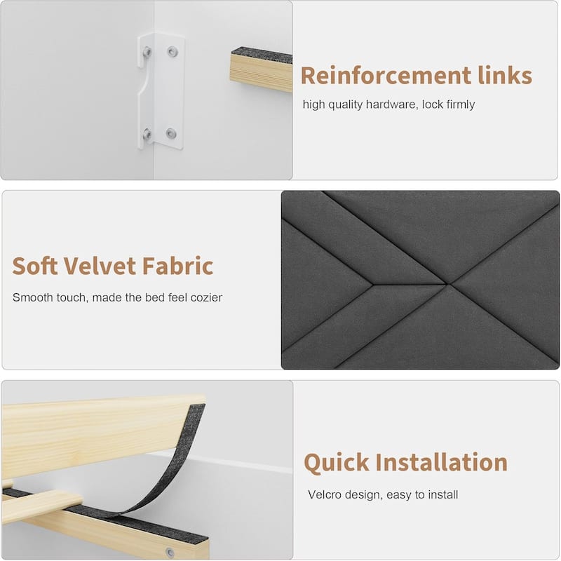 Wooden Bed Frame with Fabric Upholstered Headboard