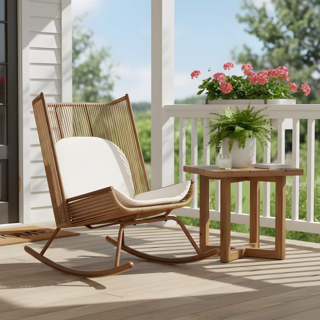 Christopher Knight Home - Modern Outdoor Metal Frame Woven High Arc Backrest Rocking Chair and Solid Acacia Wood Side Table Set